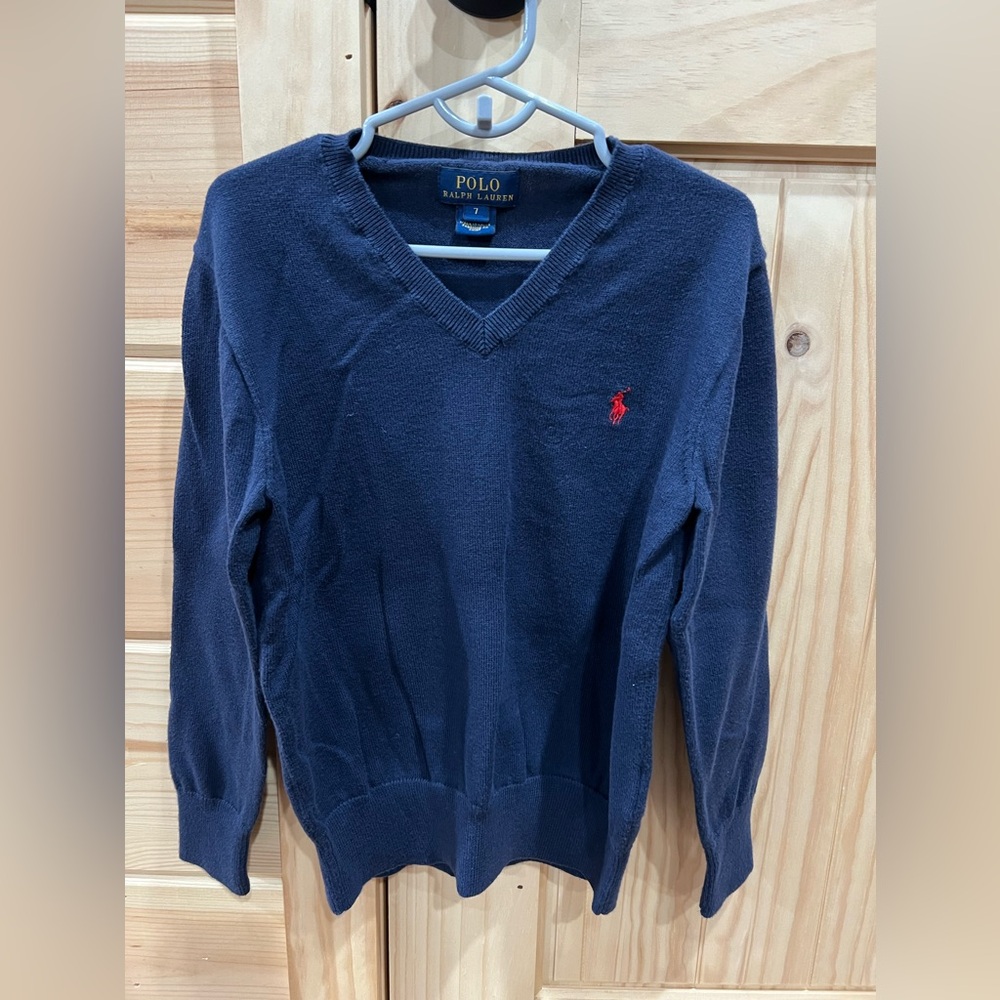 Polo Ralph Lauren Boys Sweater Navy Blue V Neck With Brown Elbow Patches Size 7